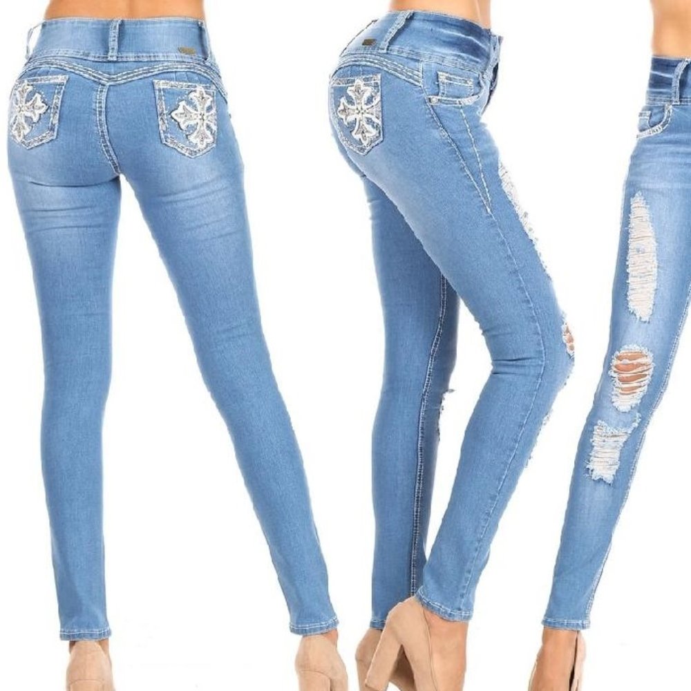 Cross My Heart Ripped Skinny Jeans- Light Blue